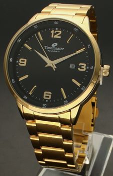 Zegarek męski klasyczny na złotej bransolecie z czytelną tarczą TIMEMASTER 255-05. Zegarek męski. Zegarek męski o klasycznym wyglądzie na złotej bransolecie. Tarcza zegarka w kolorze czarnym ze złotymi, czytelnymi cyframi arabskimi i indeksami (1).jpg