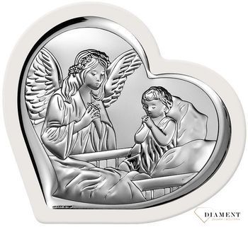 Obraz srebrny z Aniołem i modlącym się dzieckiem w sercu BC65122W. Pamiatka dla dziecka.jpg
