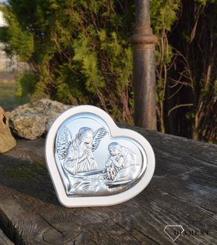 Obraz srebrny z Aniołem i modlącym się dzieckiem w sercu W65122. Srebrny obrazek pamiątka chrztu świętego jest tradycyjnym upominkiem dla nowo narodzonego dziecka upamiętniającym dzień,  (2).JPG