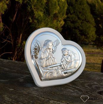 Obraz srebrny z Aniołem i modlącym się dzieckiem w sercu W65122. Srebrny obrazek pamiątka chrztu świętego jest tradycyjnym upominkiem dla nowo narodzonego dziecka upamiętniającym dzień,  (4).JPG