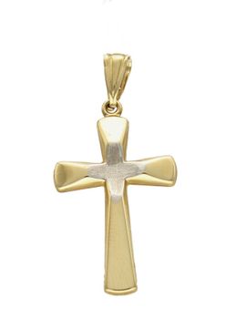 Złota zawieszka na łańcuszek krzyżyk wypukły z białym matowym złotem DIA-ZAW-7014-585. Złoty wisiorek krzyżyk to biżuteria sakralna, która sprawdzi się jako prezent na takie okazje jak chrzest, bierzmowanie czy komunia..jpg