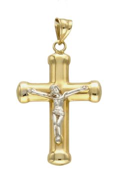 Złota zawieszka na łańcuszek krzyżyk 3 cm z białym złotem DIA-ZAW-7015-585. Złoty wisiorek krzyżyk z wizerunkiem Pana Jezusa to biżuteria sakralna, która sprawdzi się jako prezent na takie okazje jak chrzest, bierzmowanie czy.jpg