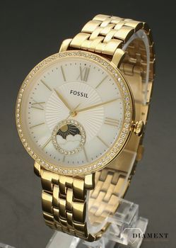Zegarek damski złoty Fossil Jacqueline ES5167. Zegarek damski zasilany za pomocą baterii. Tarcza zegarka w pięknej perłowej odsłonie wzbogacona tarczą z Fazami księżyca. Dookoła tarczy, błyszczące cyrko (4).jpg