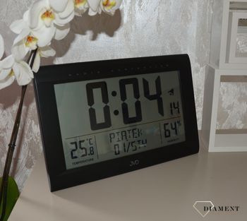 Zegar z wyświetlaczem wyposażony w funkcje alarmu, datownikiem, termometrem oraz higrometr. Zegar ścienny zasilany na baterię. Zegar na ścianę i na biurko (10).JPG