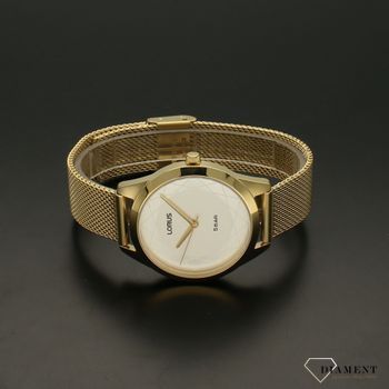Zegarek damski LORUS RG268UX9 na bransolecie. Zegarek damski w złotym kolorze. Zegarek damski z białą tarczą ze złotymi wskazówkami oraz ozdobnym wzorem na tarczy.  (4).jpg