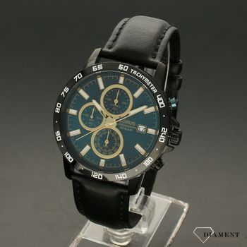 Piękny zegarek męski na solidnym, wytrzymałym skórzanym pasku w kolorze czarnym. Zegarek męski z niebieska tarcza oraz złotymi dodatkami. Idealny prezent (2).jpg