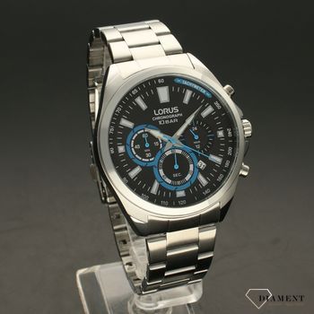 Zegarek męski na bransolecie z czarną  tarczą i niebieskimi dodatkami Lorus RT381HX9 (1).jpg