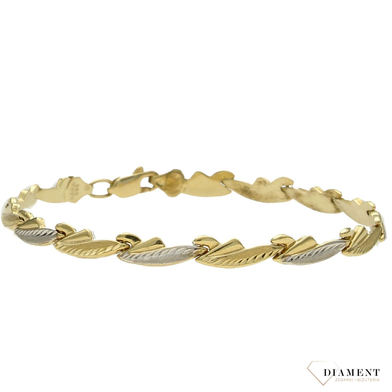 Nowoczesny model złotej bransoletki wykonany ze złota w dwóch kolorach żółtym oraz białym. Zapięcie na karabińczyk. Idealna na prezent.  (1).jpg