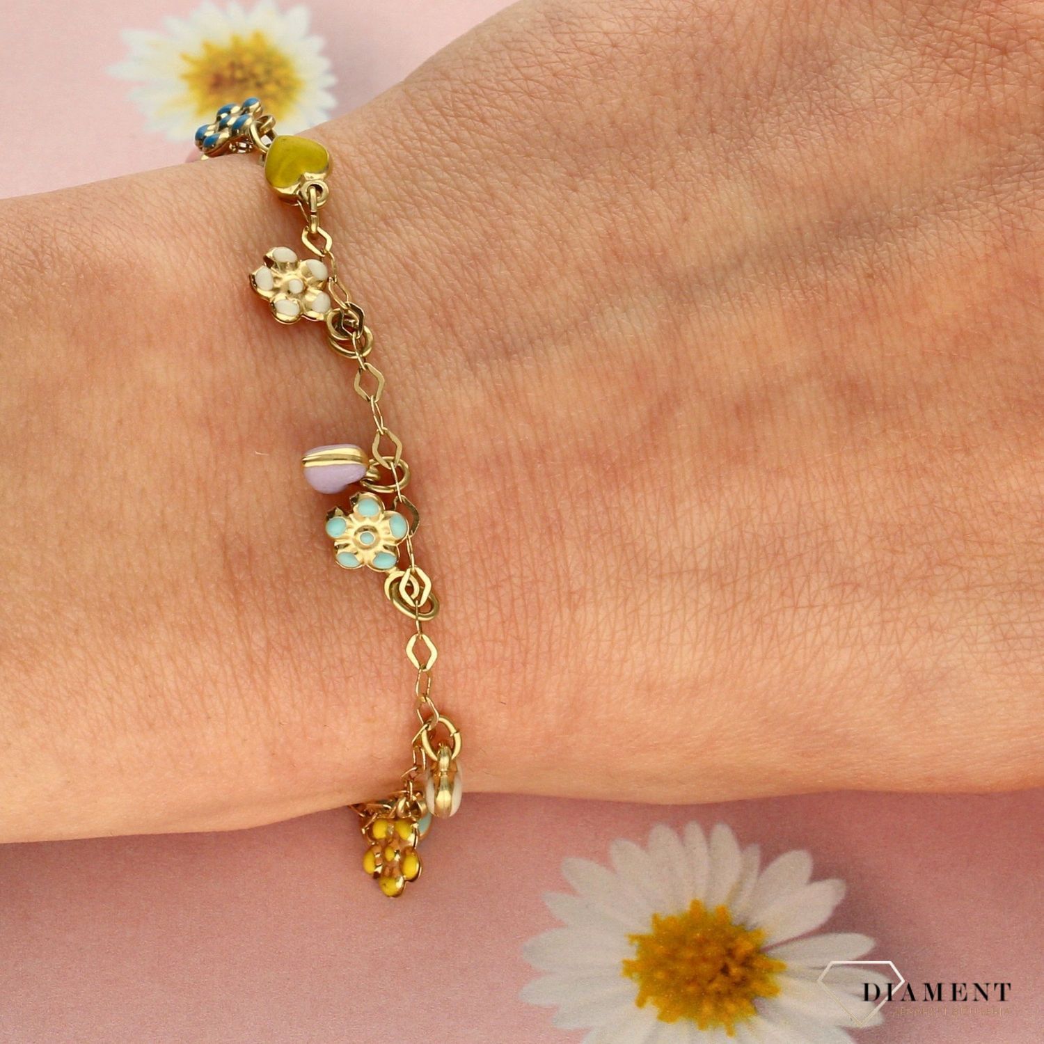 Złota bransoletka damska kolorowe serduszka i kwiatki 585 żółte złoto 000000 106.jpg