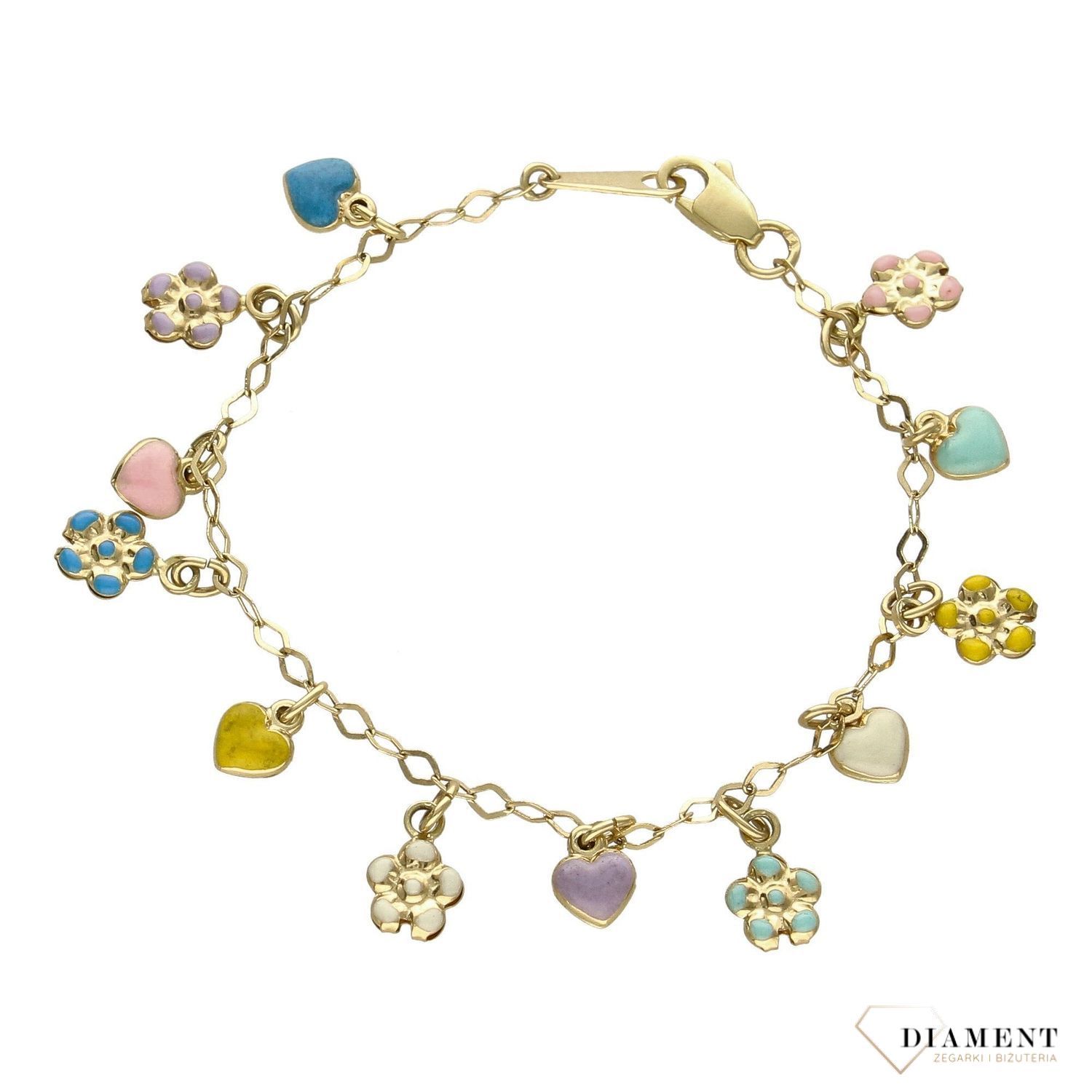 Złota bransoletka damska kolorowe serduszka i kwiatki 585 żółte złoto 000000 106.jpg