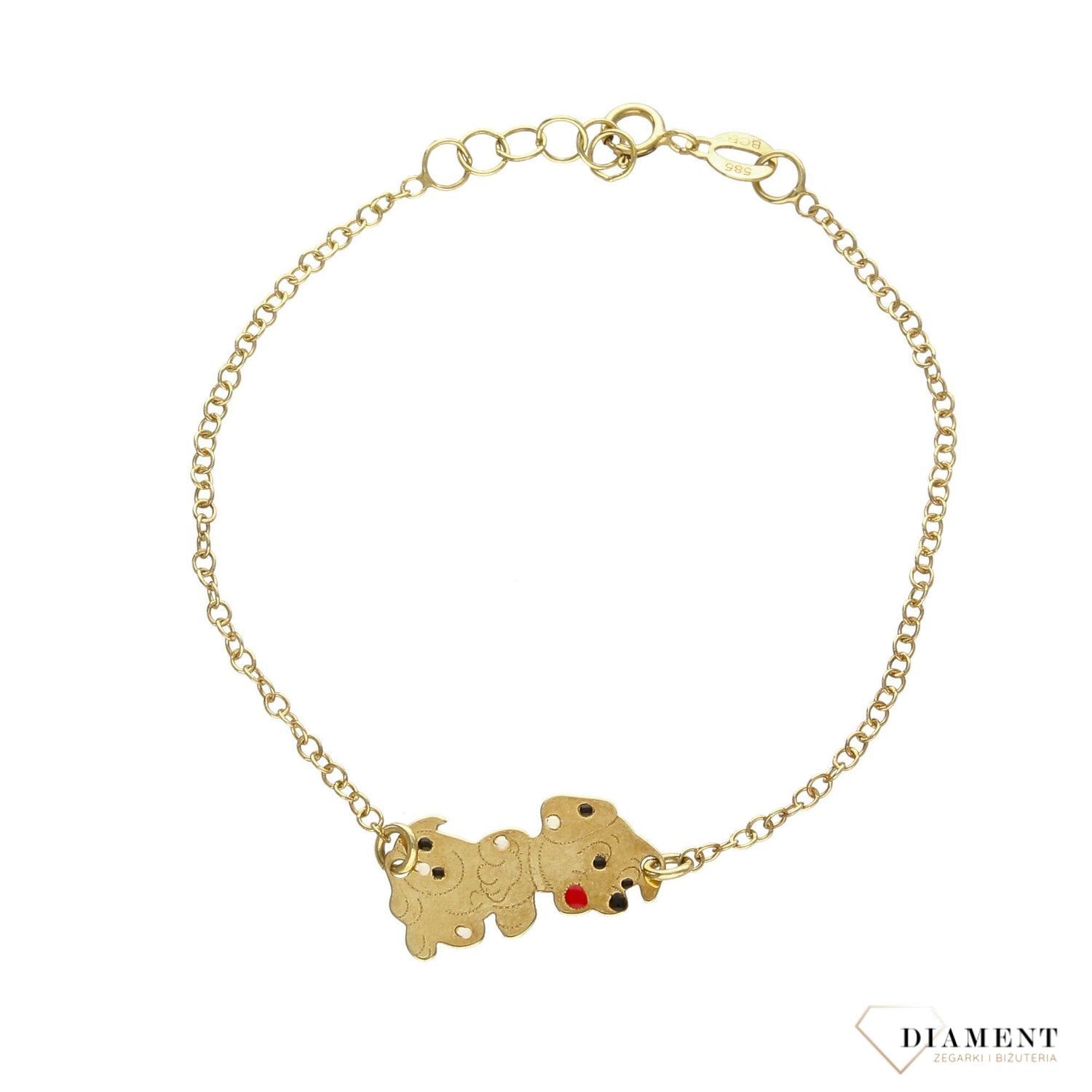 Piękna złota bransoletka dziecięca z motywem pieska. Urocza bransoletka idealna na prezent dla małej miłośniczki jubilerskich wyrobów. Idealny prezent.  (1).jpg