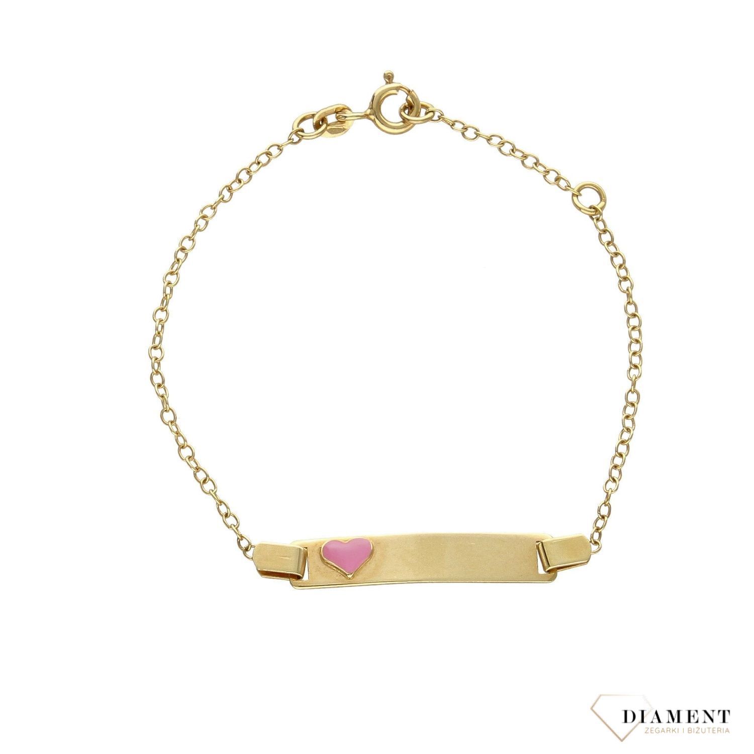 Piękna złota bransoletka z blaszką z miejscem na Twój indywidualny grawer. Blaszka została ozdobiona różowym serduszkiem z emalii. Grawer gratis!  (1).jpg
