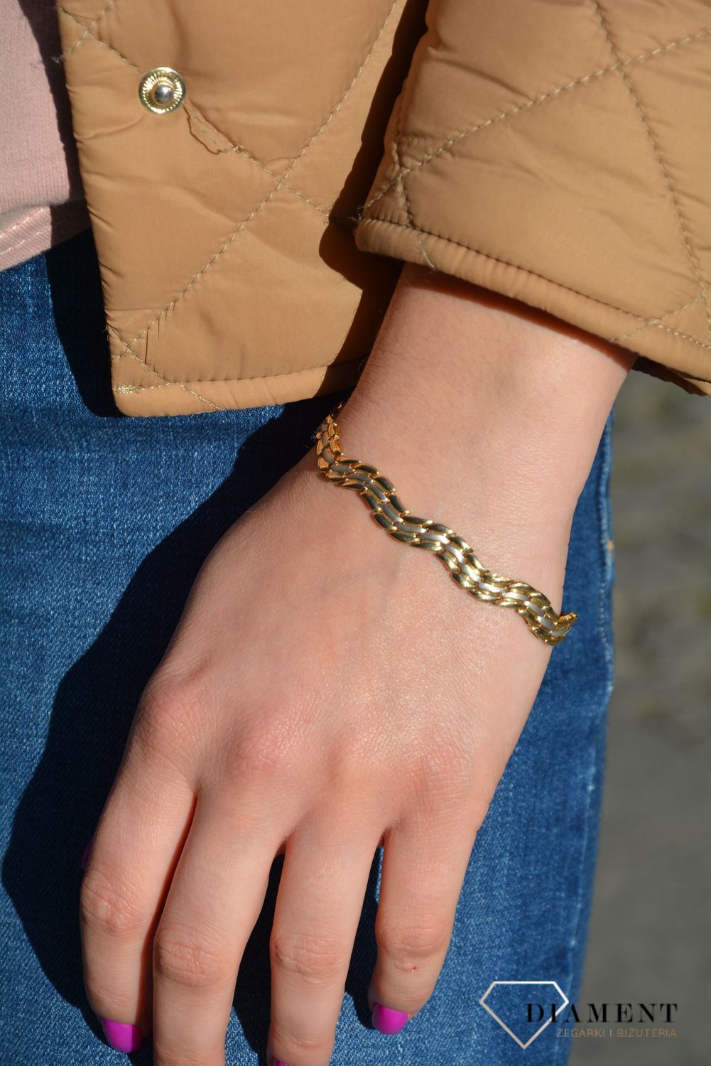 Złota bransoletka o nietypowym falistym kształcie w dwóch kolorach złota białym oraz żółtym. Bransoletka na prezent. Piękna i modna bransoletka.  (1).jpg