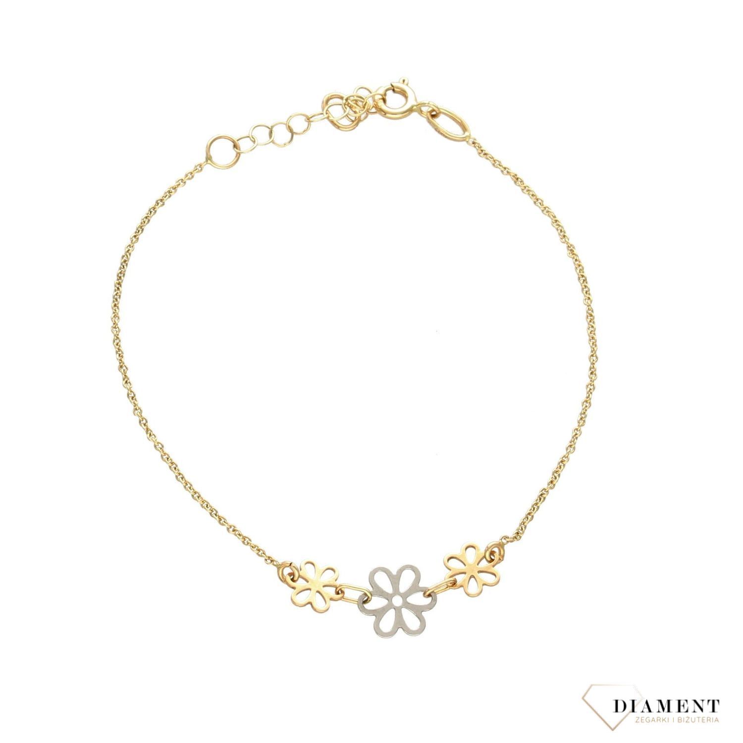 Subtelna złota bransoletka celebrytka z motywem trzech kwiatów. Bransoletka na delikatnym ażurkowym łańcuszku. Złota bransoletka z kwiatkami. Idealny prezent.  (2).jpg