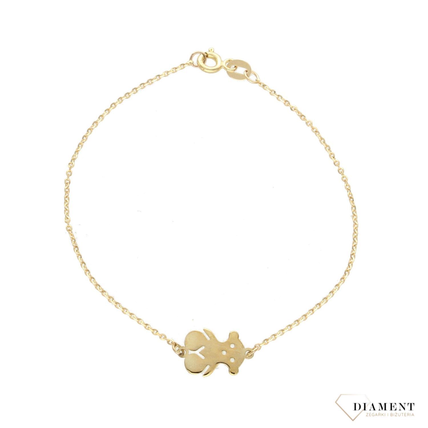 Złota bransoletka z zawieszką w kształcie misia to ponadczasowy dodatek do wielu stylizacji. Jest to urocza biżuteria. Idealna na prezent z okazji urodzin, imienin.  (1).jpg