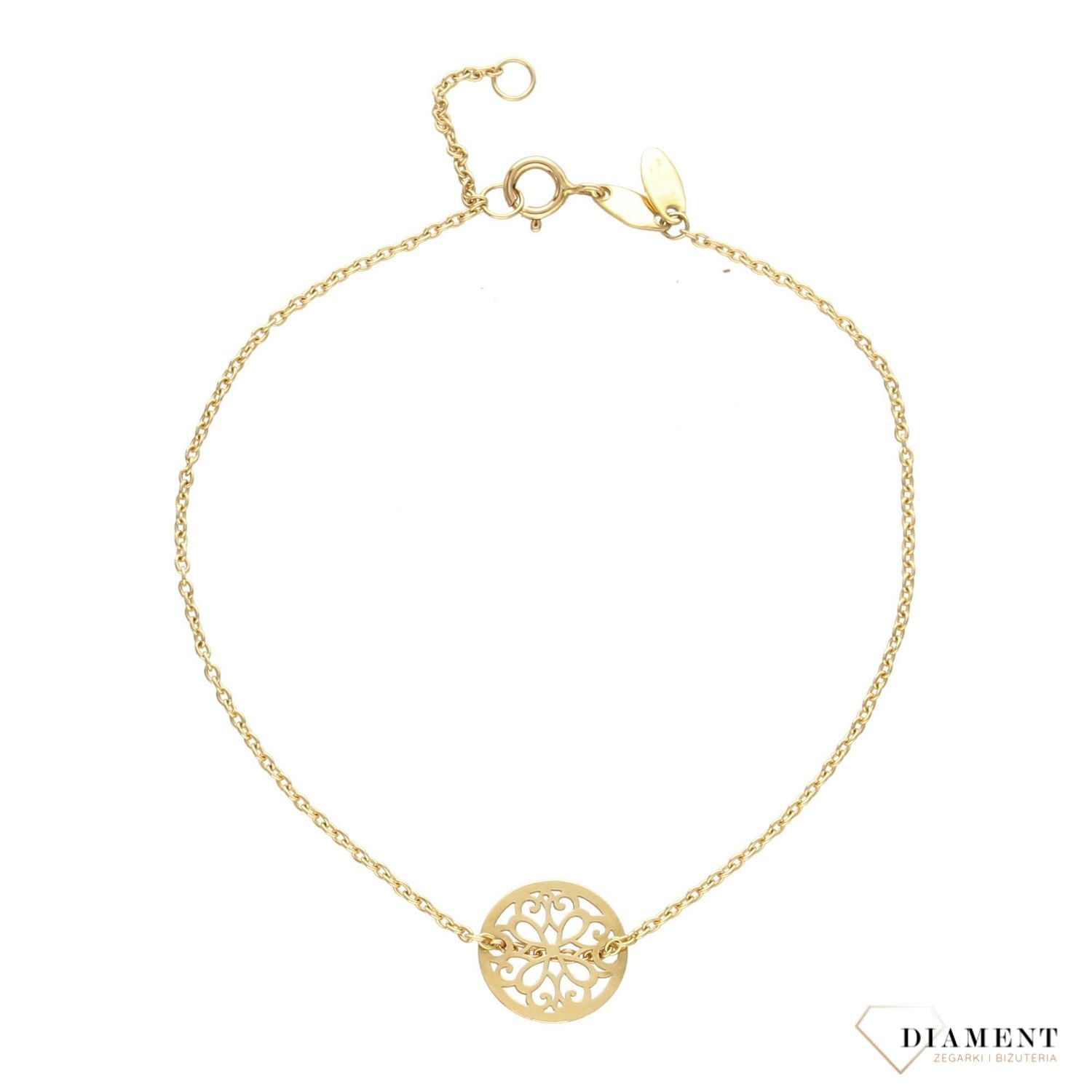 Złota bransoletka celebrytka z ozdobnym, ruchomym elementem w postaci ażurkowego kółeczka. Złota biżuteria 585. Świetny pomysł na prezent.  (1).jpg