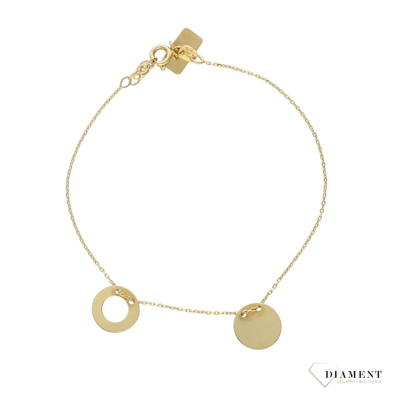 Złota bransoletka celebrytka z zawieszką w kształcie koła. Bransoletka z klasycznym zapięciem typu karabińczyk. Idealna na prezent dla młodej dziewczyny (1).jpg