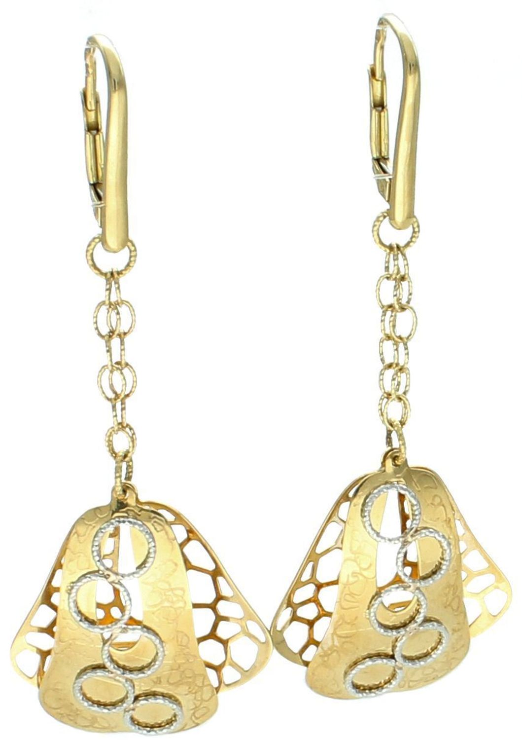 Kolczyki złote wiszące podwójny element pr 585, 000000-181. Złote kolczyki zostały wykonane z najwyższej jakości złota próby 585. Złote kolczyki zostały ozdobione podwójnymi blaszkami ażurowymi1.jpg