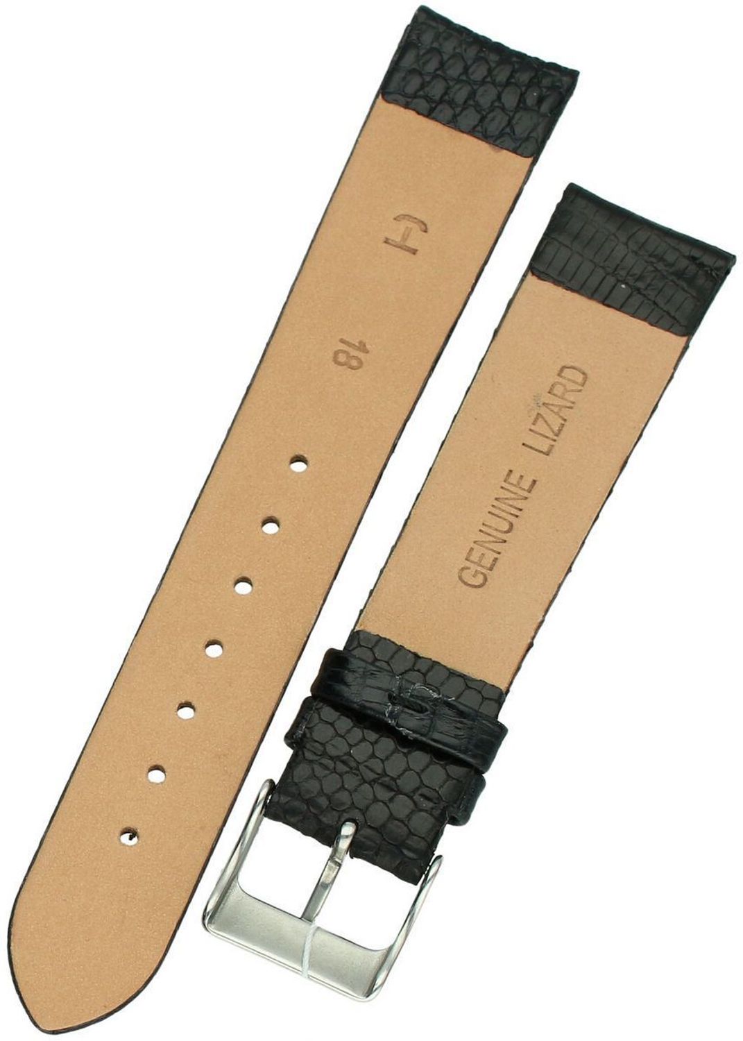 Elegancki pasek do zegarka z wysokiej jakości skóry jaszczurki, model 0076.01.18, szerokość mocowania 18 mm, długość 85111 mm, sprzączka stalowa w srebrnym kolorze. 1.jpg