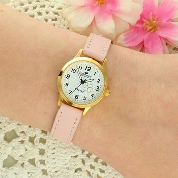 Zegarek komunijny dla dziewczynki Timemaster Event 013-14 – różowy pasek, złota koperta, koniczynka 26 mm + pudełko komunijne gold.jpg