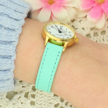 Zegarek dziewczęcy Timemaster Event na Pierwszą Komunię Świętą – miętowy pasek, złota koperta gold.jpg