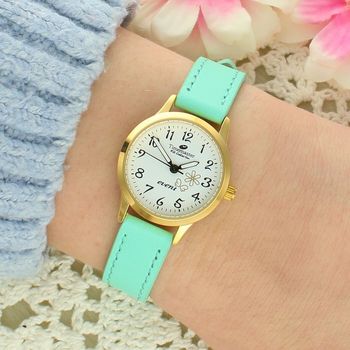 Zegarek dziewczęcy Timemaster Event na Pierwszą Komunię Świętą – miętowy pasek, złota koperta mięta.jpg