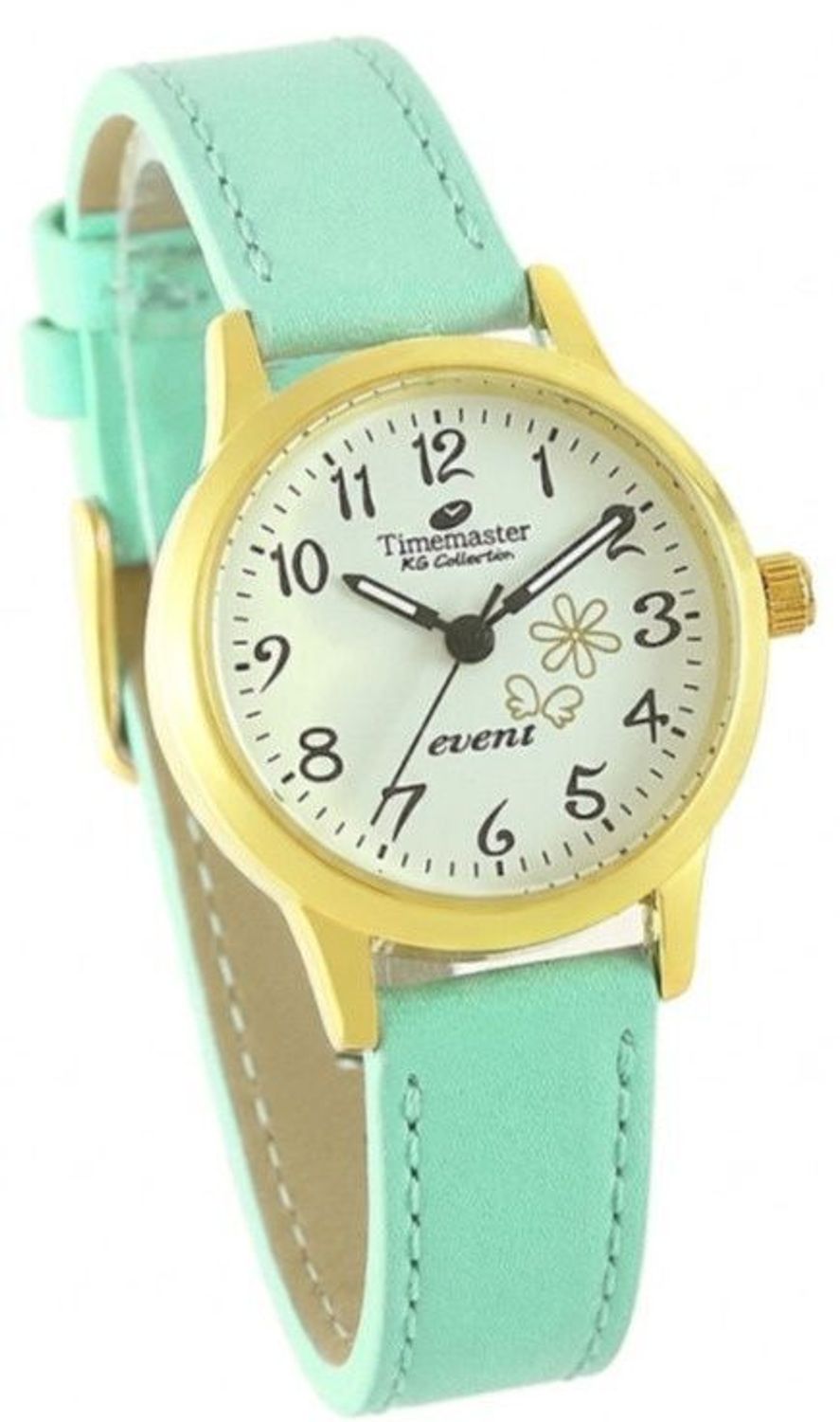 Zegarek dziewczęcy Timemaster Event na Pierwszą Komunię Świętą – miętowy pasek, złota koperta.jpg