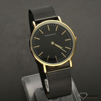 Zegarek na czarnej bransolecie TIMEMASTER 023-14. Zegarek damski w czarno- złotej kolorystyce. Zegarek damski z czarną tarczą ozdobiony złotą koperta i złotymi indeksami i wskazówkami.  (3).jpg