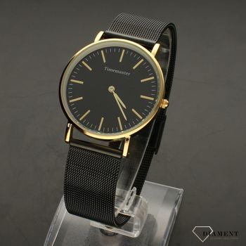 Zegarek na czarnej bransolecie TIMEMASTER 023-14. Zegarek damski w czarno- złotej kolorystyce. Zegarek damski z czarną tarczą ozdobiony złotą koperta i złotymi indeksami i wskazówkami.  (4).jpg