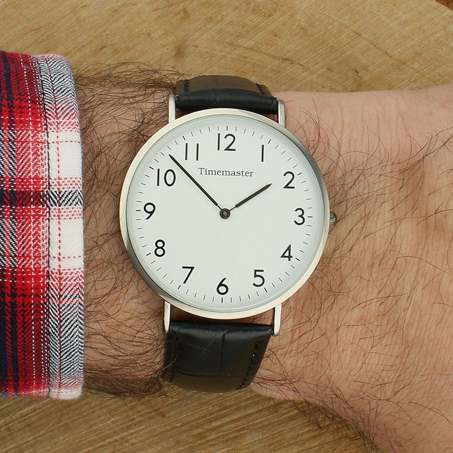 Zegarek Timemaster 024-14 – klasyczny zegarek męski, srebrna koperta, biały cyferblat, czarny pasek.jpg
