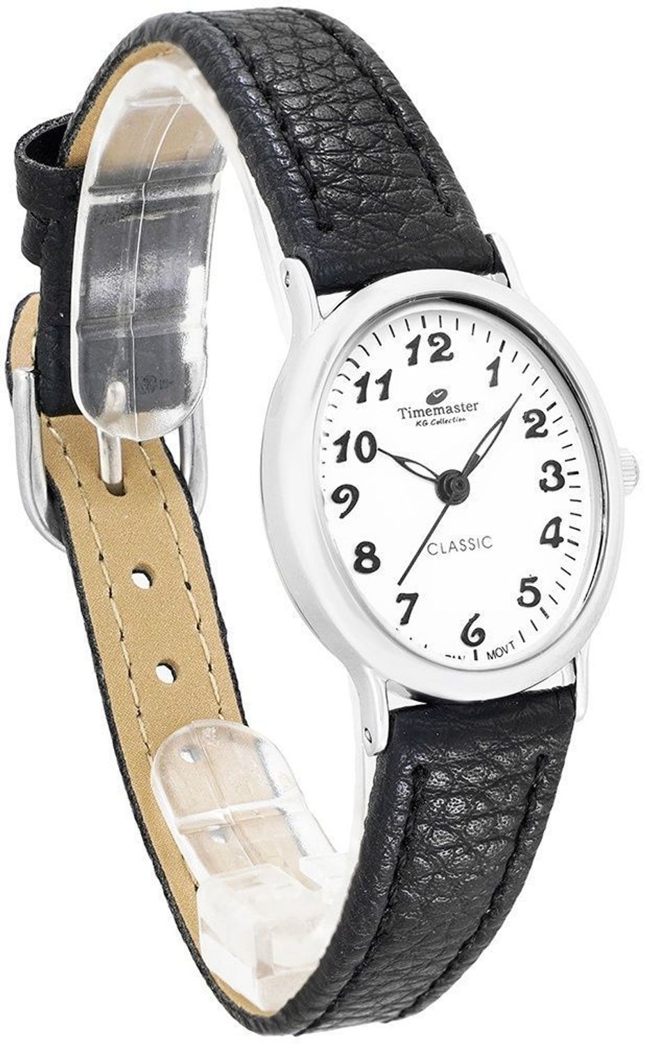 Zegarek damski Timemaster Czytelny 026-111 – owalna srebrna koperta, biała tarcza, czarny skórzany pasek.jpg