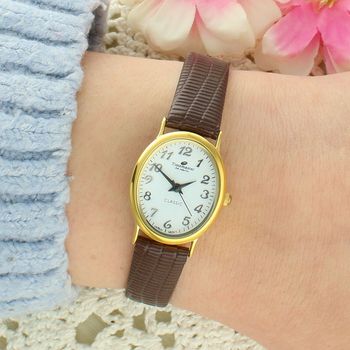 Zegarek damski Timemaster Classic 026-71 – złota koperta, biała tarcza, brązowy pasek ze skóry ekologicznej brown.jpg