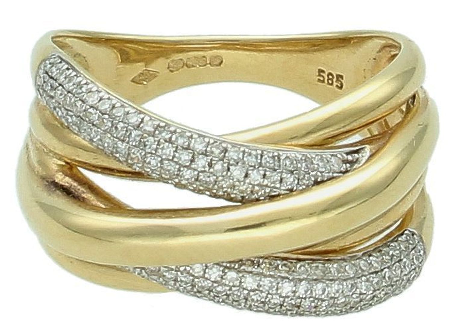 Złoty pierścionek 585 zaplatany z Diamentami Pierścionek wykonany ze złota próby 585. Pierścionek składa się ze 142 brylantów o łącznej wielkości 0,350 ct, barwie H oraz czystości SI. 1.jpg