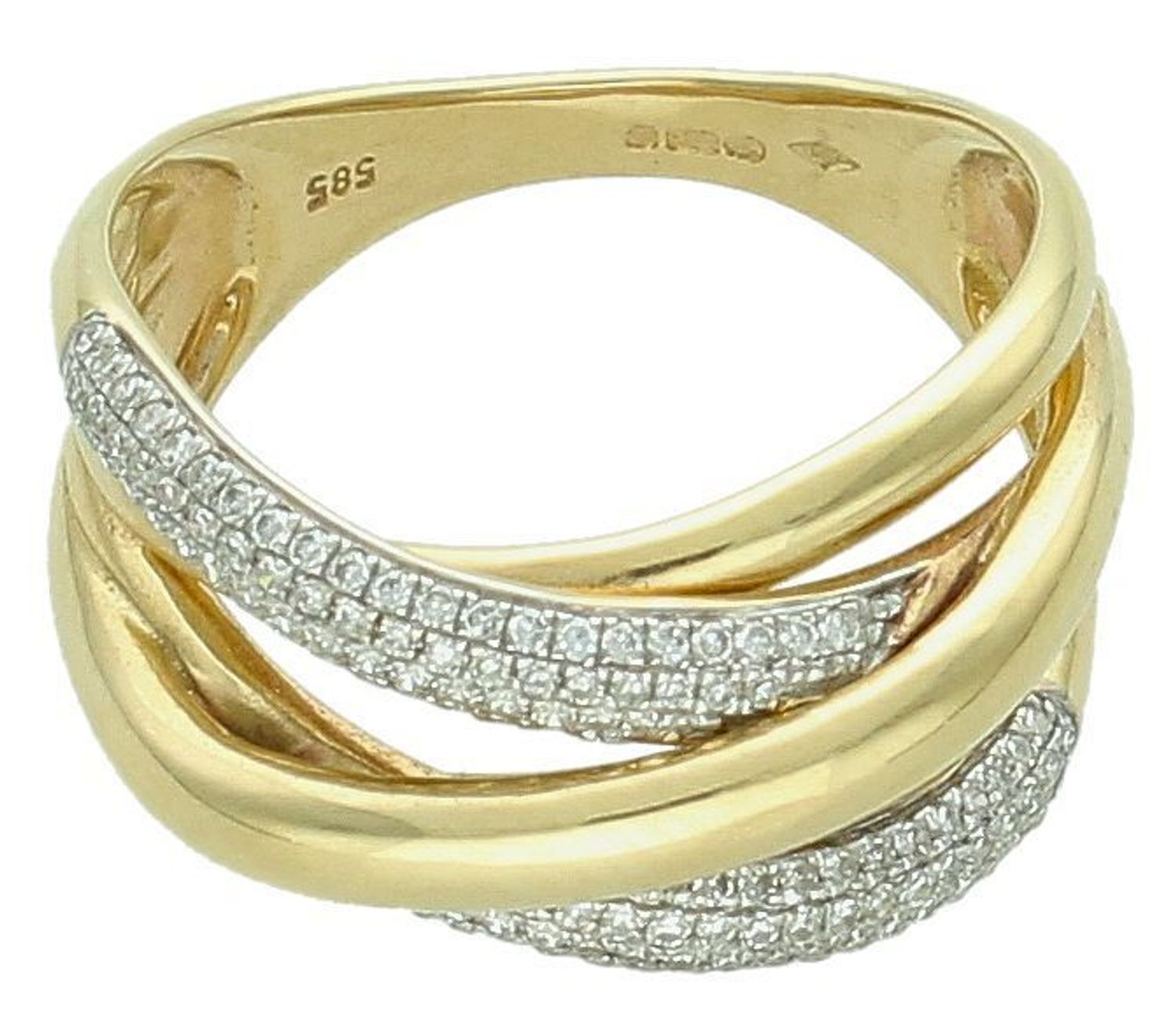 Złoty pierścionek 585 zaplatany z Diamentami Pierścionek wykonany ze złota próby 585. Pierścionek składa się ze 142 brylantów o łącznej wielkości 0,350 ct, barwie H oraz czystości SI. 1.jpg