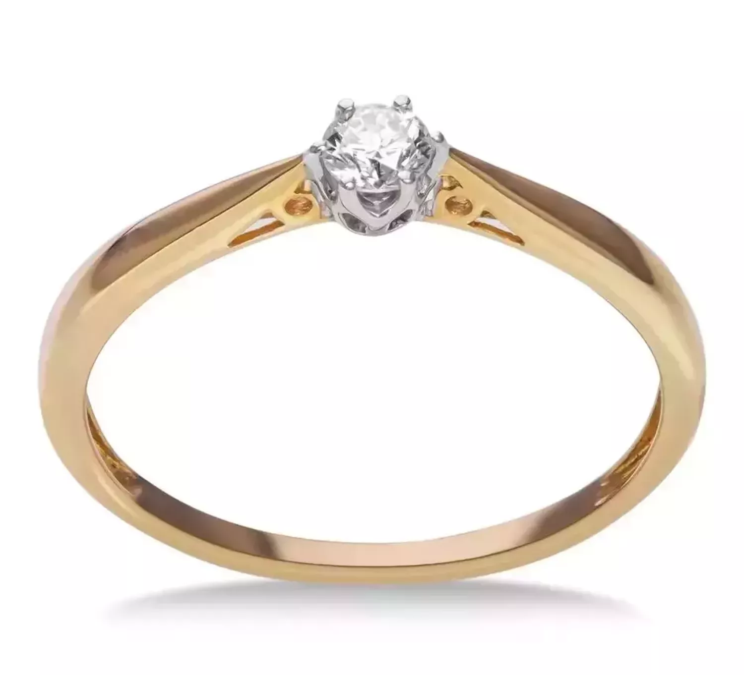 Pierścionek złoty DIAMENT 585, diamenty wykonany ze złota próby 585. Pierścionek z diamentem wielkości 0,06 ct, barwie H oraz czystości SI. Waga 1,70 gram. Pierścionki zaręczynowe.webp
