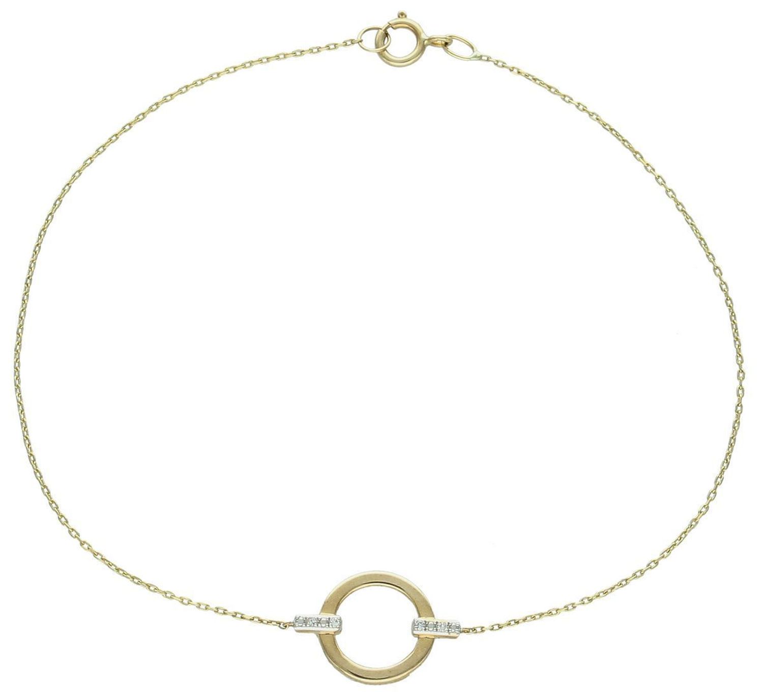 Złota bransoletka 375 kółeczko z brylantami B06421Y Drobne ogniwa złotej bransoletki subtelnie oplatają nadgarstek, ukazując zawieszkę w kształcie gładkiego koła. 1.jpg