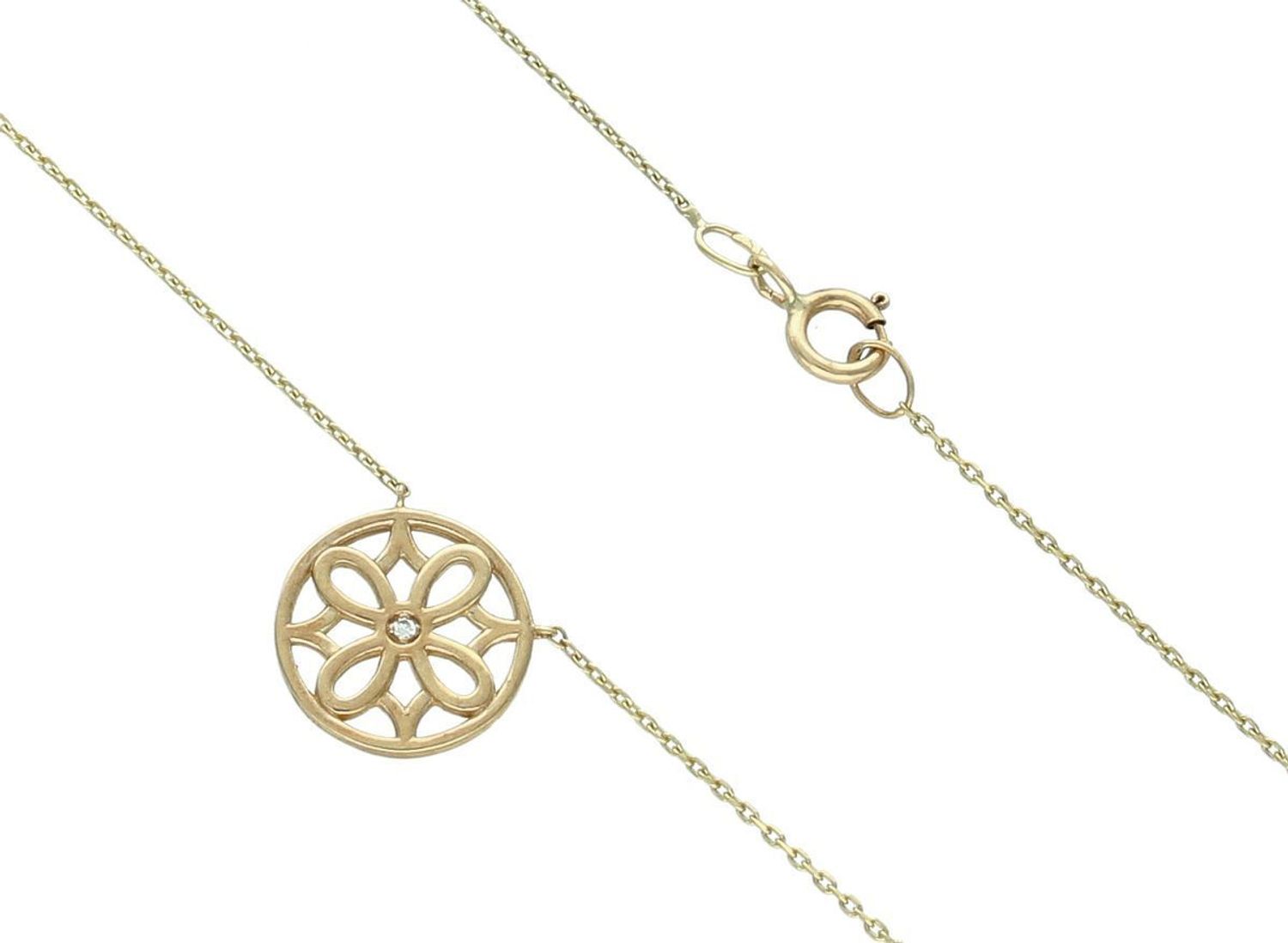 Złoty naszyjnik 375 DIAMENT rozeta 0660073515  wykonany z 9 karatowego złota próby 375. Naszyjnik z jednym brylantem wielkości 0,003 ct, czystości SI oraz barwie H. 1.jpg