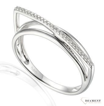 Pierścionek z białego złota DIAMENT 585 nowoczesny, diamenty. Geometryczny, delikatny pierścionek z brylantami w 25 sztukach o  wielkości 0,05 ct, barwie H oraz czystości SI..jpg
