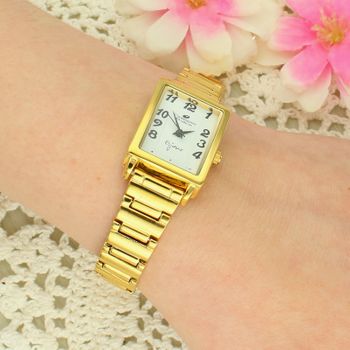 Zegarek damski Timemaster Bijoux – złota bransoleta, prostokątna koperta, klasyczna tarcza z cyframi arabskimi gold.jpg