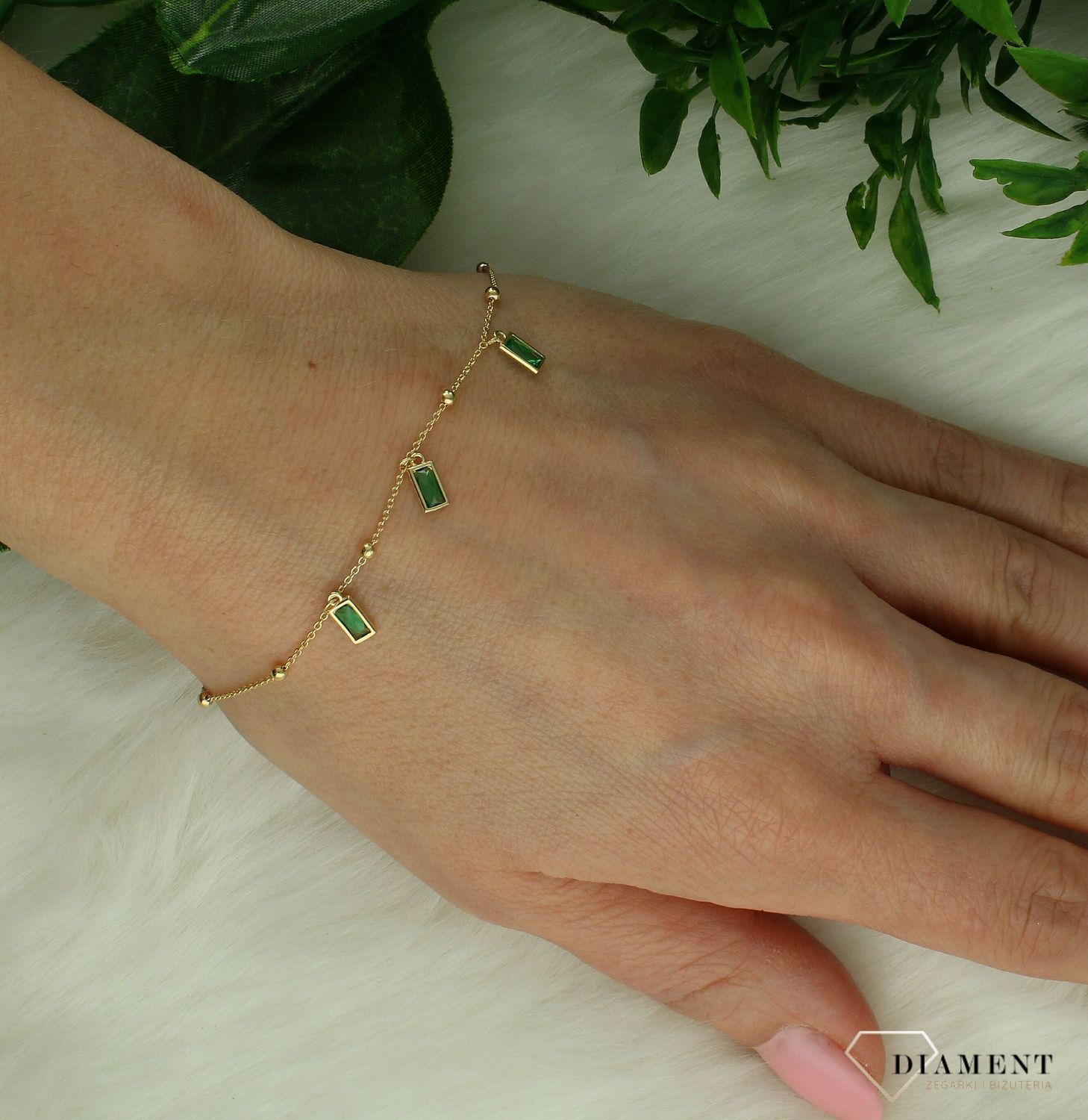 Srebrna bransoletka damska celebrytka pozłacana z zielonymi cyrkoniami 0728741300.jpg
