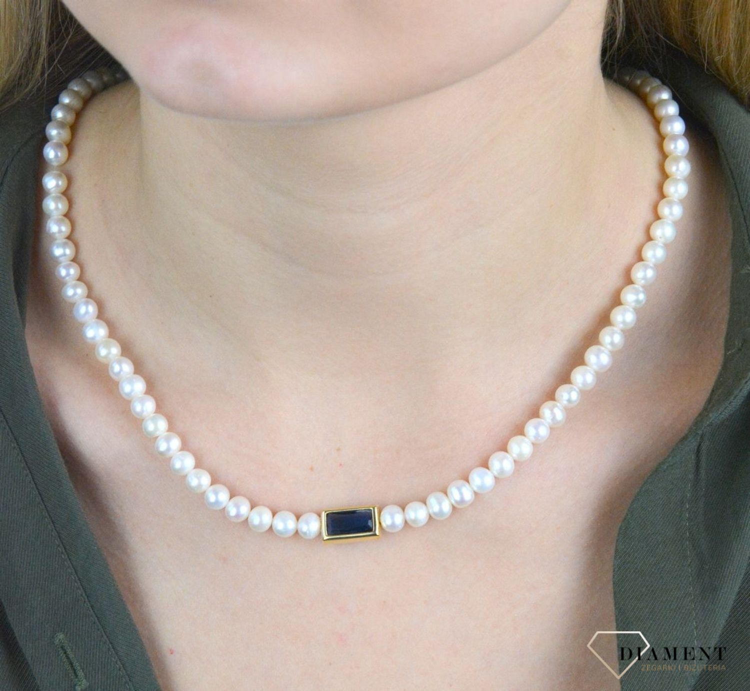 Naszyjnik kolia srebrna pozłacana z pereł naturalnych szafir 0758647702. Elegancki naszyjnik z pereł hodowlanych to wyraz klasyki idealnej na co dzień, jak i do wieczorowych stylizacji. Naszyjnik ozdobiony ka.jpg