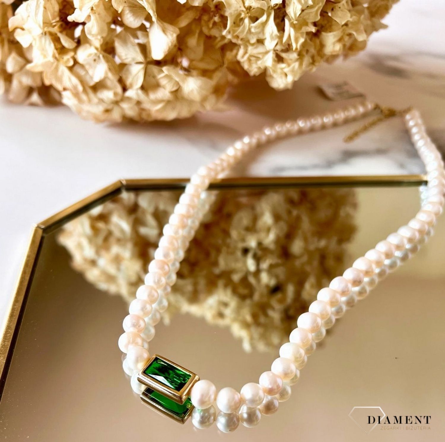 Naszyjnik kolia srebrna pozłacana z pereł naturalnych szmaragd 0758647707. Elegancki naszyjnik z pereł hodowlanych. Naszyjnik ozdobiony kamieniem w kolorze szmaragdu. (2).jpg