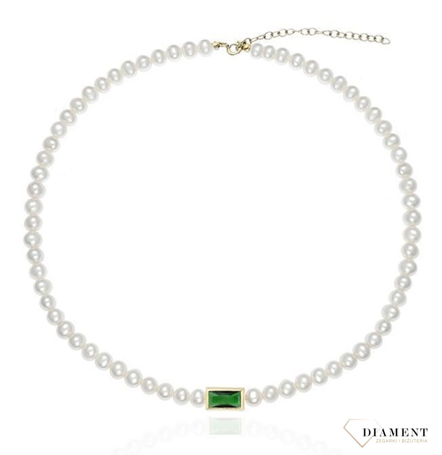 Naszyjnik kolia srebrna pozłacana z pereł naturalnych szmaragd 0758647707. Elegancki naszyjnik z pereł hodowlanych. Naszyjnik ozdobiony kamieniem w kolorze szmaragdu. (2).jpg
