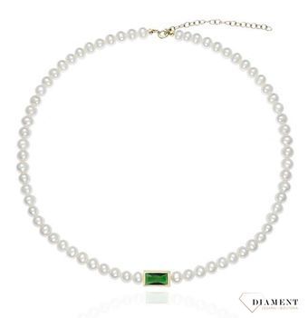 Naszyjnik kolia srebrna pozłacana z pereł naturalnych szmaragd 0758647707. Elegancki naszyjnik z pereł hodowlanych. Naszyjnik ozdobiony kamieniem w kolorze szmaragdu. (2).jpg