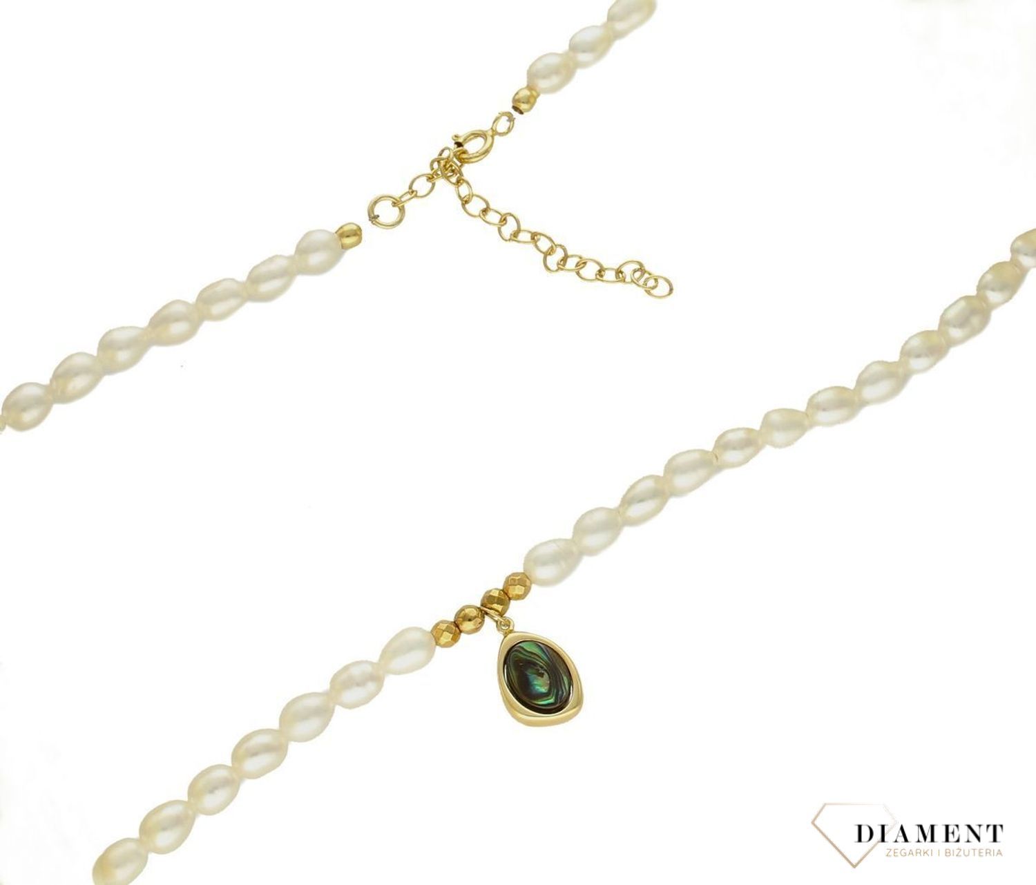 Srebrny naszyjnik damski perełki z muszlą w złotej oprawie 0758655700. Naszyjnik złożony z pereł oraz pokryty 24-karatowym złotem z muszlą naturalną  w organicznej ramce. Naszyjnik wykonany z najwyższej próby srebra 925.  (2).jpg