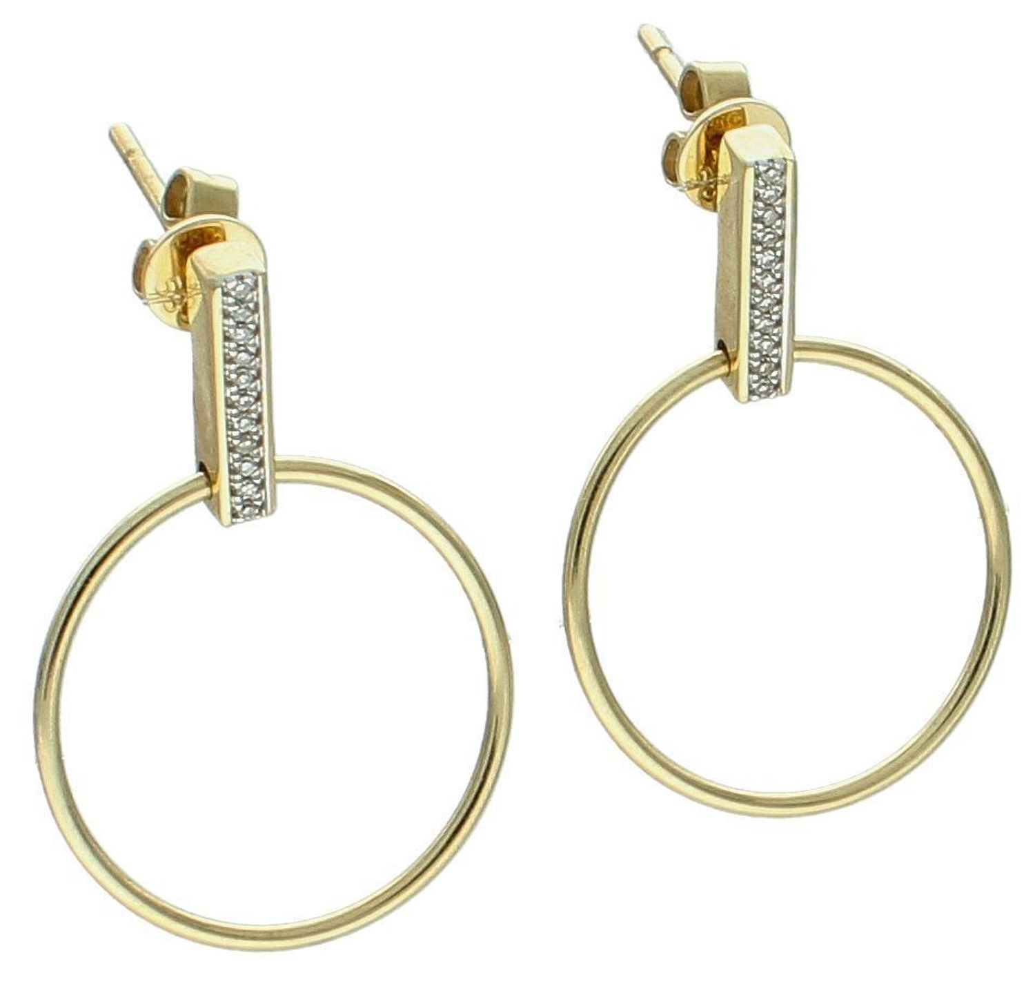 Złote kolczyki 585 z diamentami wiszące koła E74869YS Kolczyki z diamentami firmy Arenart wielkości 0,05 ct, czystości SI oraz barwie H. Kolczyki w kształcie kół wykonane zostały z żółtego 1.jpg