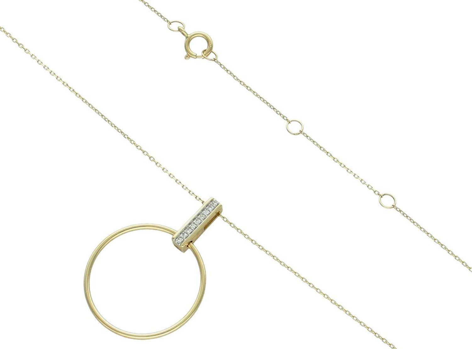 Naszyjnik złoty 585 z diamentami wiszące koło N07908YC  Elegancki naszyjnik wykonany z najwyższej jakości 14 – karatowego złota wysadzany dziewięcioma diamentami o masie 0,03 ct czystości SI 1.jpg