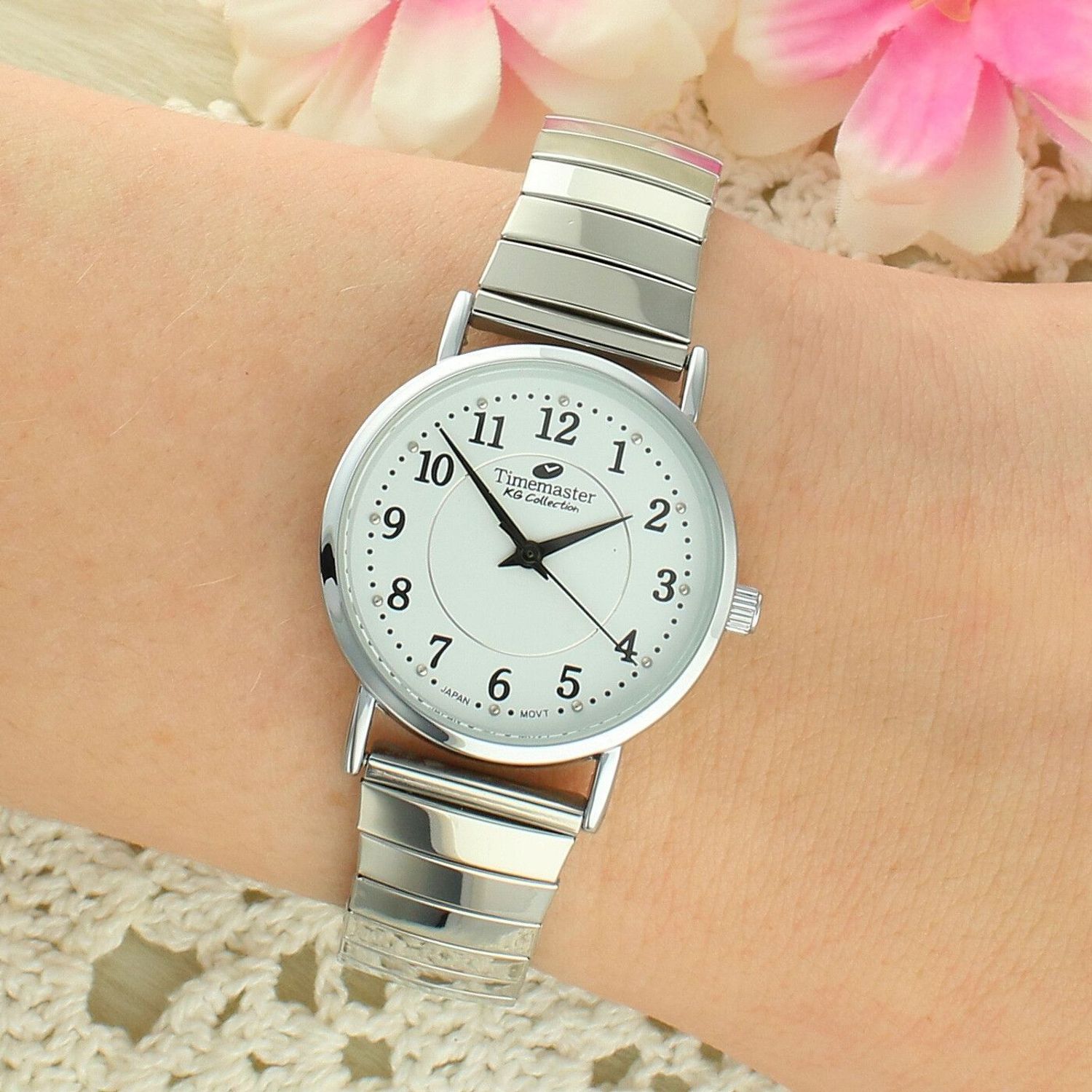 Zegarek damski Timemaster 092-27 – srebrna rozciągana bransoleta, biała tarcza 30 mm, klasyczny model.jpg