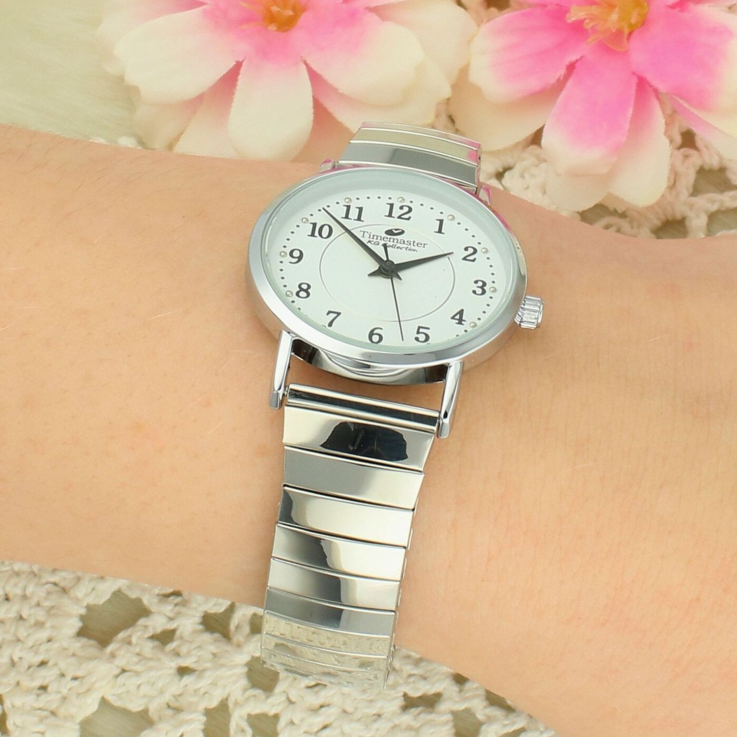 Zegarek damski Timemaster 092-27 – srebrna rozciągana bransoleta, biała tarcza 30 mm, klasyczny model.jpg