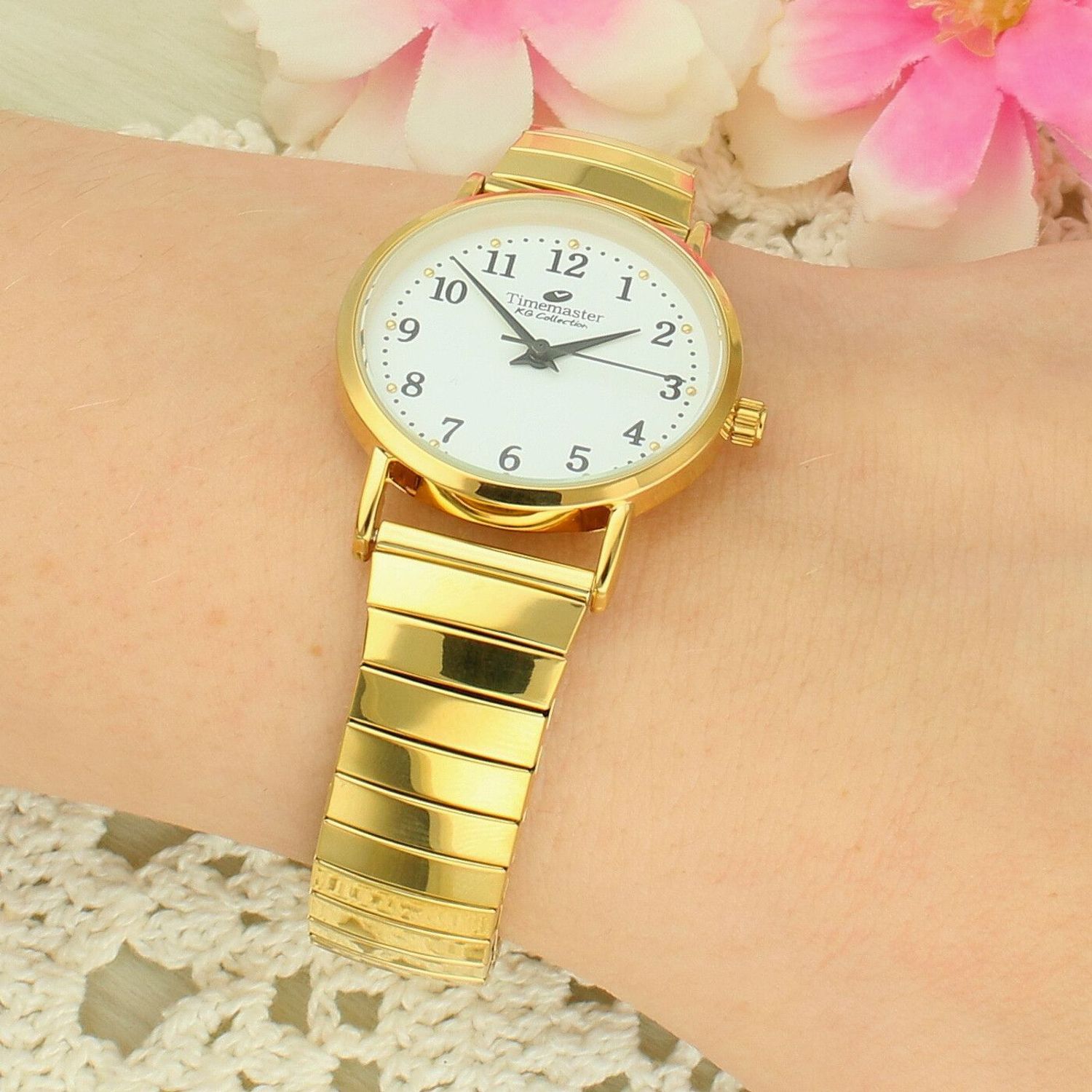 Zegarek damski Timemaster 092-28 – złota rozciągana bransoleta, biała tarcza 30 mm, klasyczny model elegancki.jpg